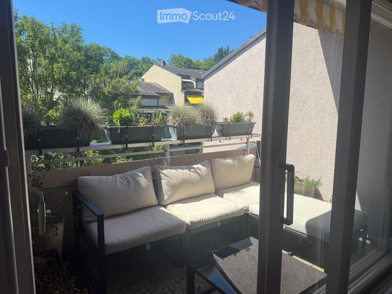Balcony with a white sofa, glass table, and potted plants, overlooking a residential area with trees and houses.