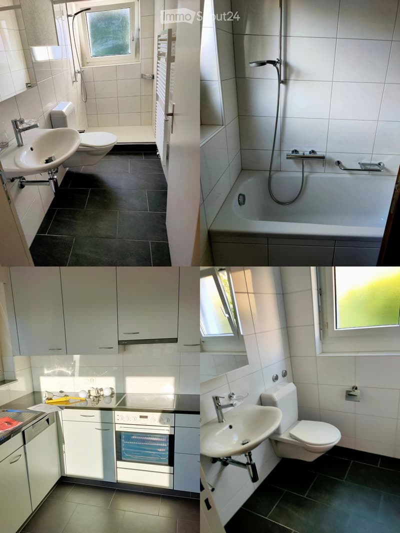 Four images showing a modern bathroom with a sink, toilet, bathtub, and radiator, as well as a kitchen area with cabinets, an oven, and a sink.