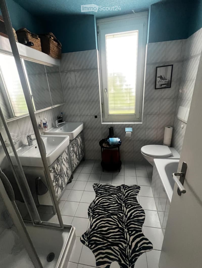 Bathroom with two sinks, toilet, bathtub, mirror, small stool, picture frame, and zebra skin on the floor.