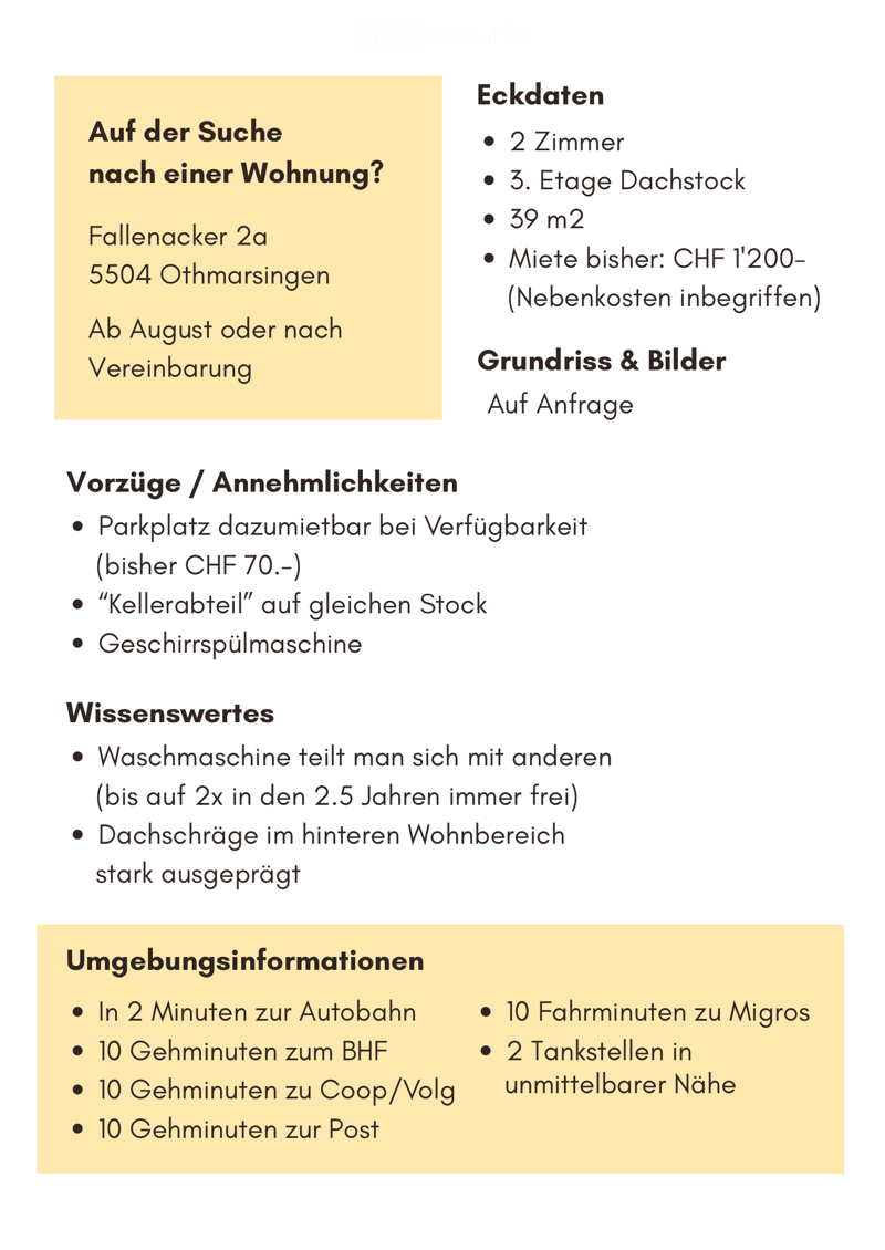 Floor plan details for a 2-room apartment on the 3rd floor attic,39 m², rental price CHF 1,200 including utilities. Includes parking space, basement storage, and dishwasher. Shared washing machine available.