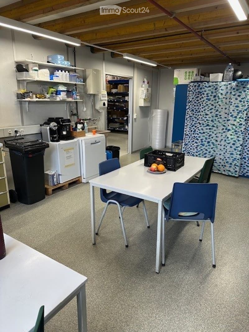 a kitchen area, with a table and chairs, white and blue flooring, ceiling lamp