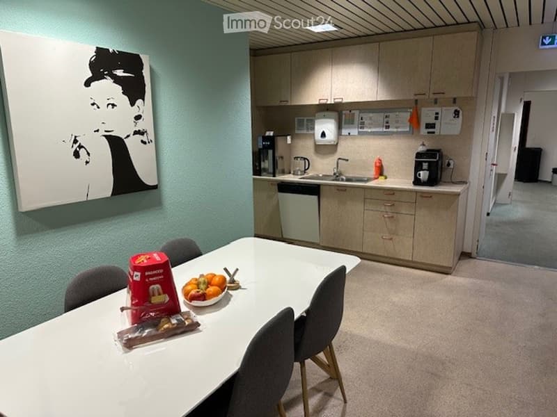 dining table with chairs, bowl of fruit, artwork, kitchen, sink, dishwasher, cabinets