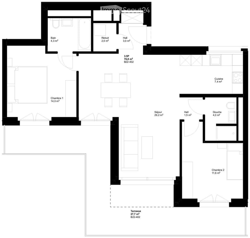Floor plan of a 76.8 m² apartment with 3.5 rooms, including a living room (29.2 m²), two bedrooms (14.0 m² and 11.6 m²), a kitchen (7.4 m²), two bathrooms (4.3 m² and 4.0 m²), a hallway (3.0 m² and 1.5 m²), a small storage room (2.0 m²), and a terrace (27