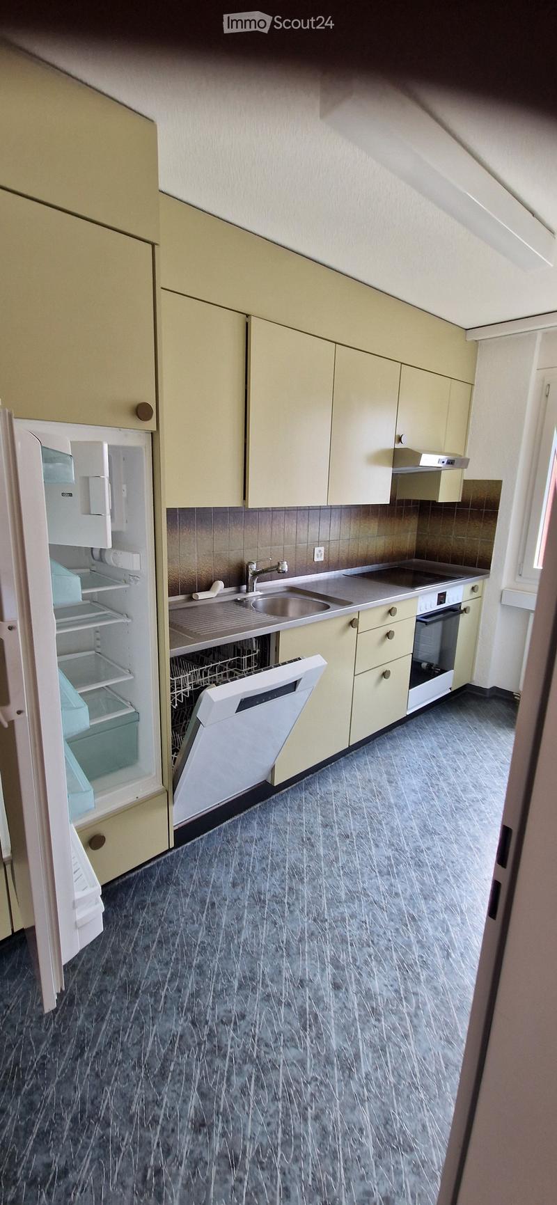 Modern kitchen with light-colored cabinets, stainless steel sink, dishwasher, and refrigerator. Dark grey tiled floor.