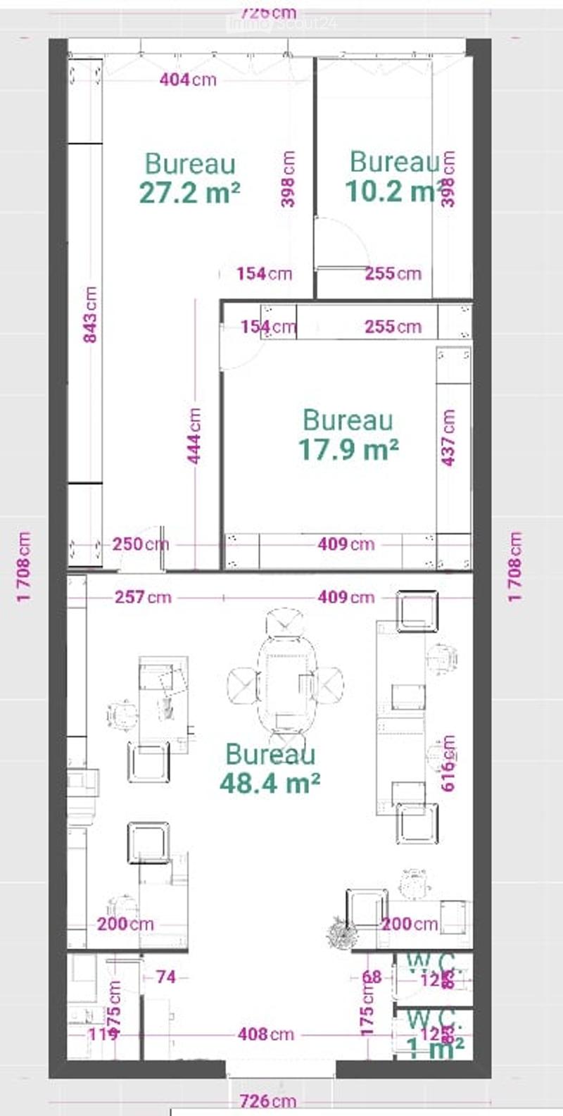 Floor plan of a multi-room office space with four labeled rooms: Bureau27.2 m², Bureau 10.2 m², Bureau 17.9 m², and Bureau 48.4 m². Includes dimensions, a small kitchenette area, and a WC.