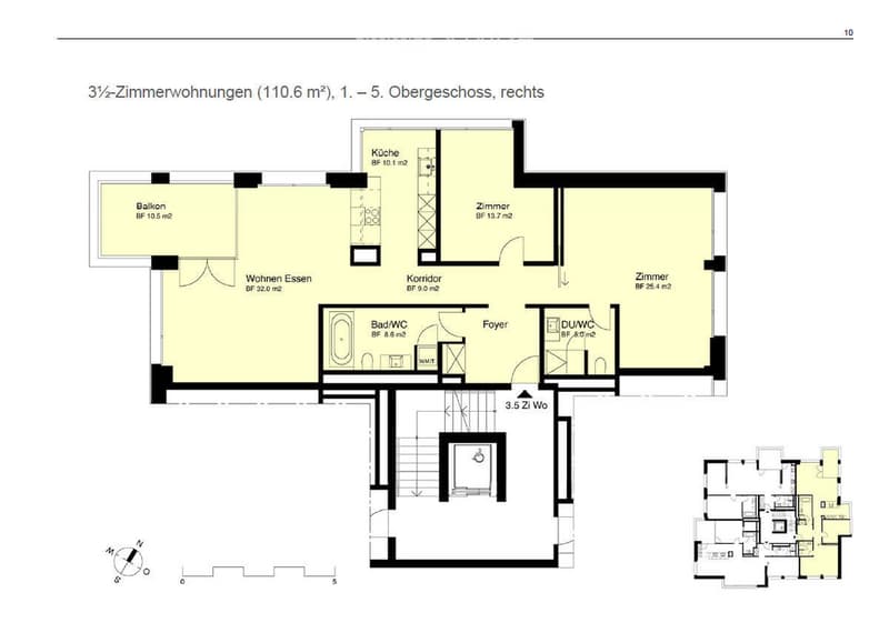 Floor plan of a 3.5-room apartment (110.6 m²) on the upper floor, featuring a kitchen, living/dining area, two bedrooms, bathroom, hallway, and balcony.