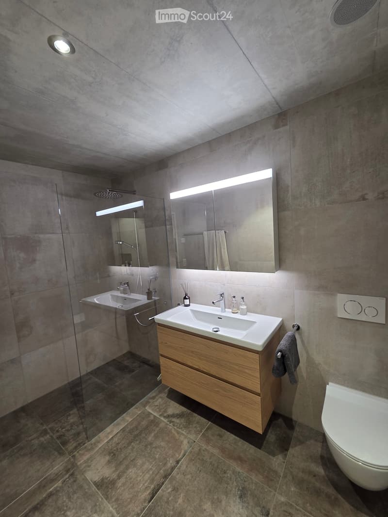 Modern bathroom with a double sink, large mirror, wooden cabinet, and a glass-enclosed shower area.