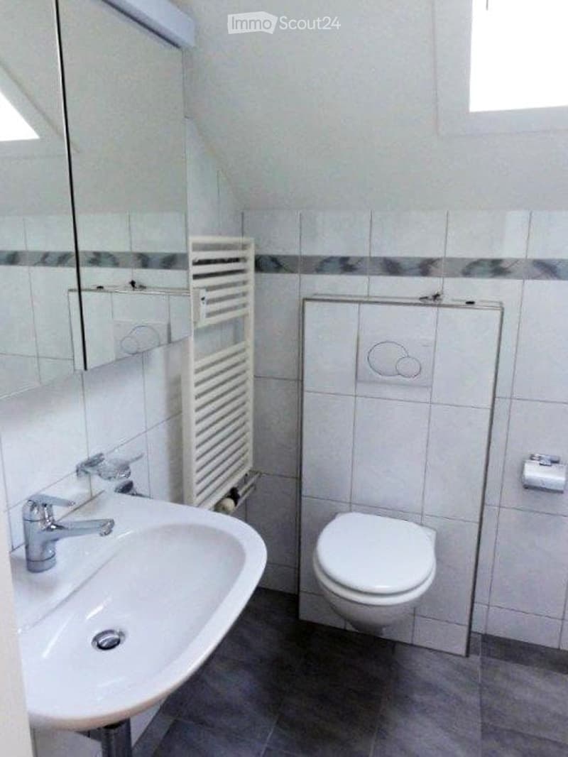 Modern bathroom with white tiles, a sink with a chrome faucet, a mirror, a white toilet, and a towel rack.