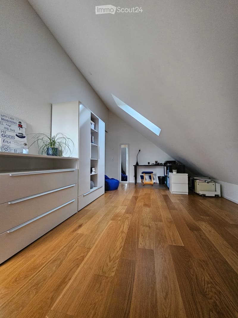 Attic room with wooden flooring, slanted ceiling, and skylight. Features a white cabinet, a small table with a chair, a mirror, and a plant on the cabinet.