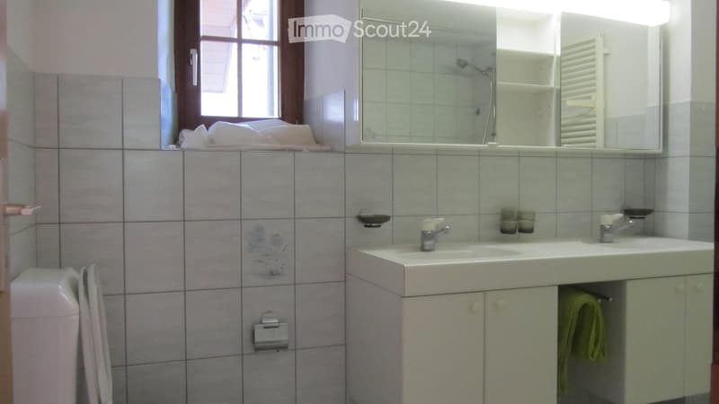 Bathroom. Bathroom with tiled walls, a double sink, a large mirror, a cabinet, and a towel hanging on the cabinet door.