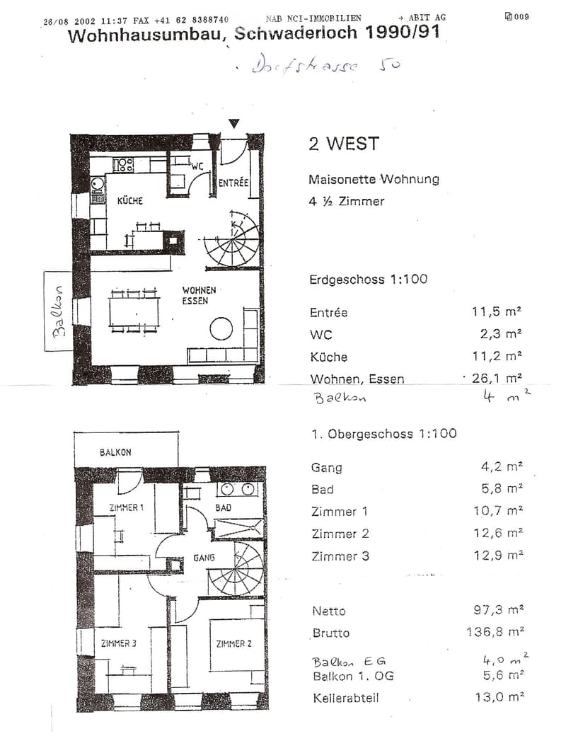 Floor Plan. Floor plan of a 4.5-room maisonette apartment with two levels. Ground floor includes entrance, WC, kitchen, living/dining area, and balcony. Upper floor includes hallway, bathroom, and three bedrooms.