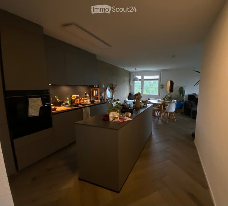 Modern kitchen with grey cabinets, island, and integrated appliances. Adjacent living area with a sofa, dining table, and chairs.