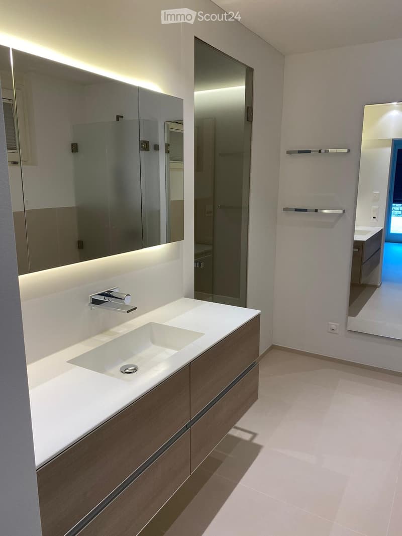 Modern bathroom with a white sink, wooden cabinet, large mirror, and sleek faucet.
