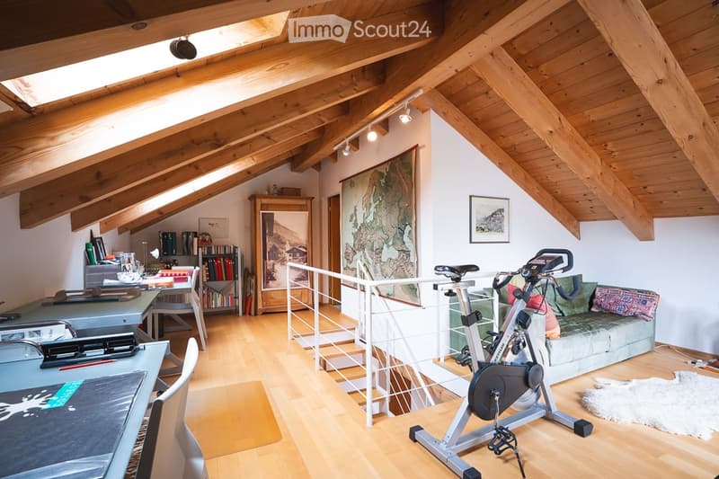 Bright, wooden-floored attic room with exposed wooden beams, skylights, a sofa, exercise bike, bookshelf, desk, and framed artwork.