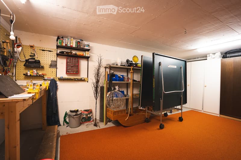 The image shows a well-organized garage or utility room with a wooden table, shelves filled with tools and supplies, a refrigerator, a cart, a fan, a trash can, and a coat hanging on the wall. The floor is covered with orange carpeting.