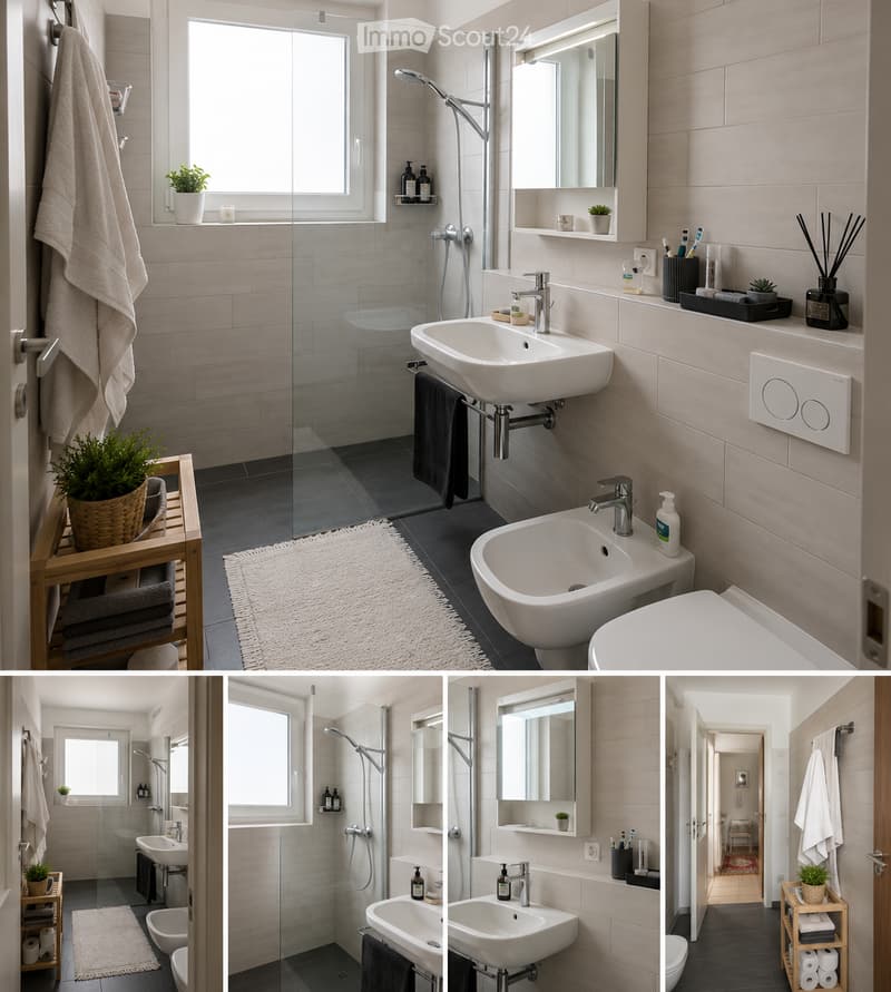 Modern bathroom with a glass-enclosed shower, double sink vanity, toilet, large mirror, and decorative plants. Features include a towel rack, a small wooden shelf, and a plush white rug.