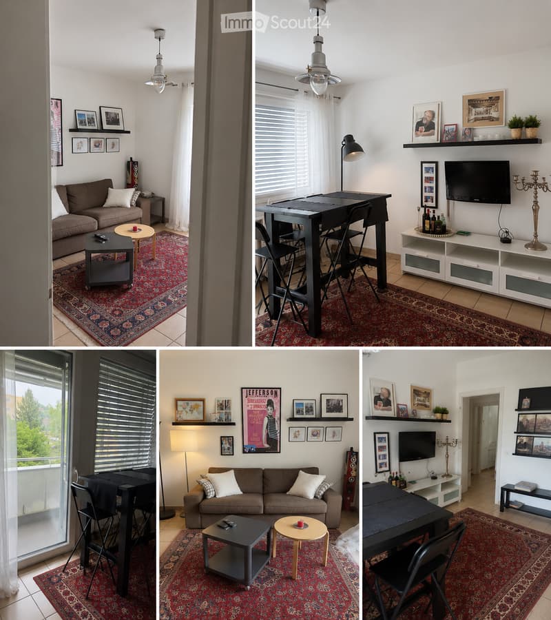 A modern, well-furnished living room with a sofa, coffee table, dining table, chairs, television, shelves with picture frames and potted plants, and a floor lamp.
