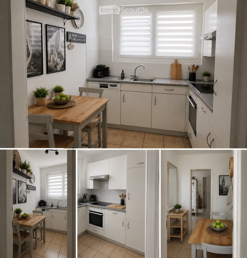 Modern kitchen with white cabinets, wooden dining table, grey chairs, sink, oven, dishwasher, coffee maker, and potted plants.