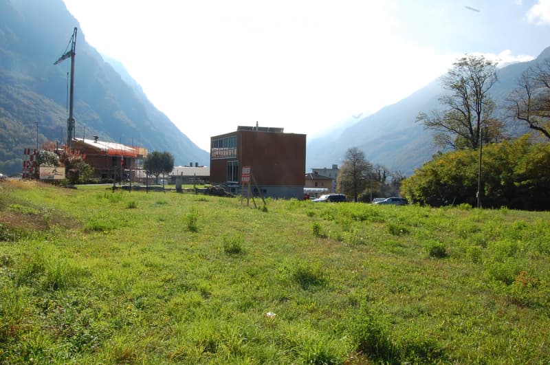 Open grassy field with a few buildings and trees, surrounded by mountains under a clear sky.