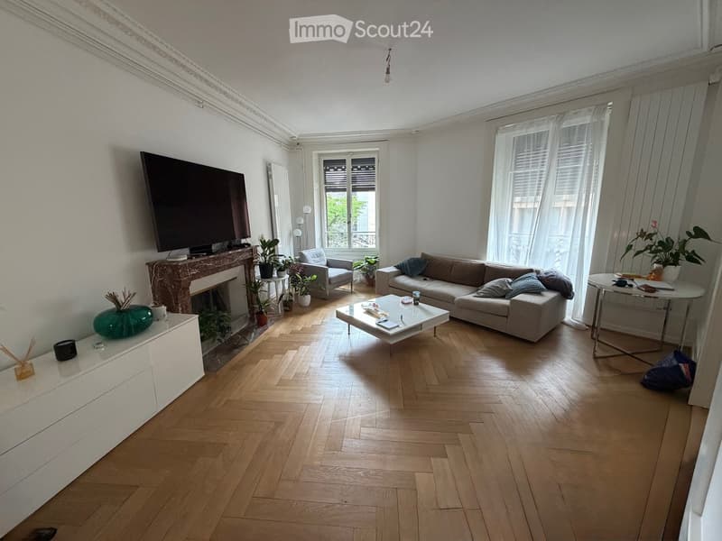 Bright living room with wooden flooring, fireplace, large windows, sofa, coffee table, armchair, side table, potted plants, and a television on a cabinet.