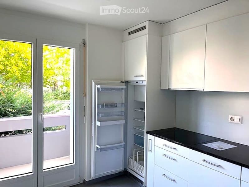 Modern kitchen with white cabinets, black countertop, and an open refrigerator. Large windows offer a view of greenery outside.