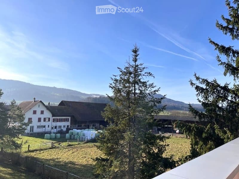A traditional Swiss farmhouse with a pitched roof and white walls, surrounded by a grassy field, trees, and distant mountains under a clear blue sky.