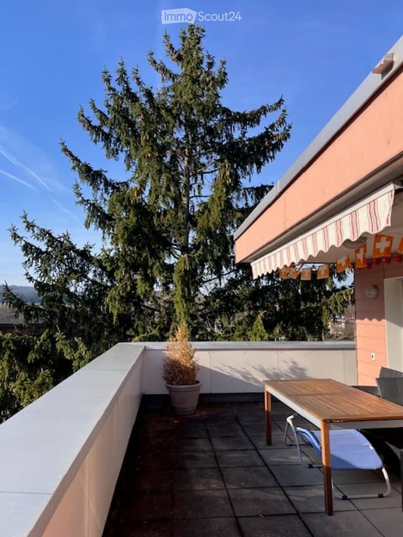 Balcony with wooden table, chairs, potted plant, and a view of tall evergreen trees.