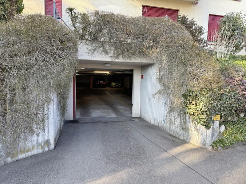 Entrance to a multi-car garage beneath a building, with two cars parked inside and greenery on the surrounding walls.