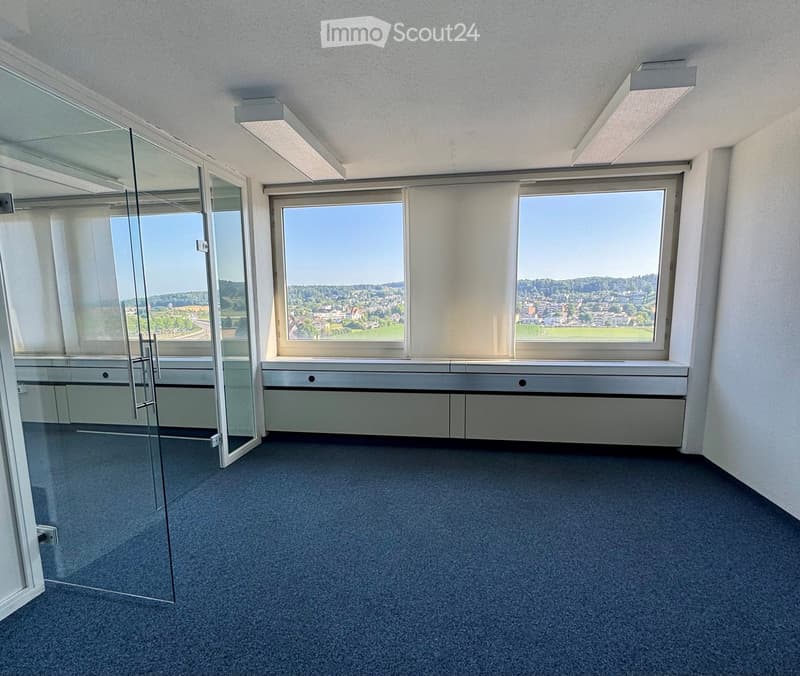 Empty room with grey carpet, large windows, glass partition, and white walls.