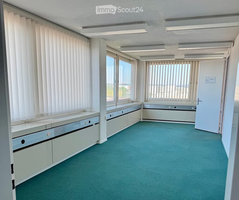 Empty room with green carpet, white walls, large windows with blinds, and built-in cabinets along one wall.