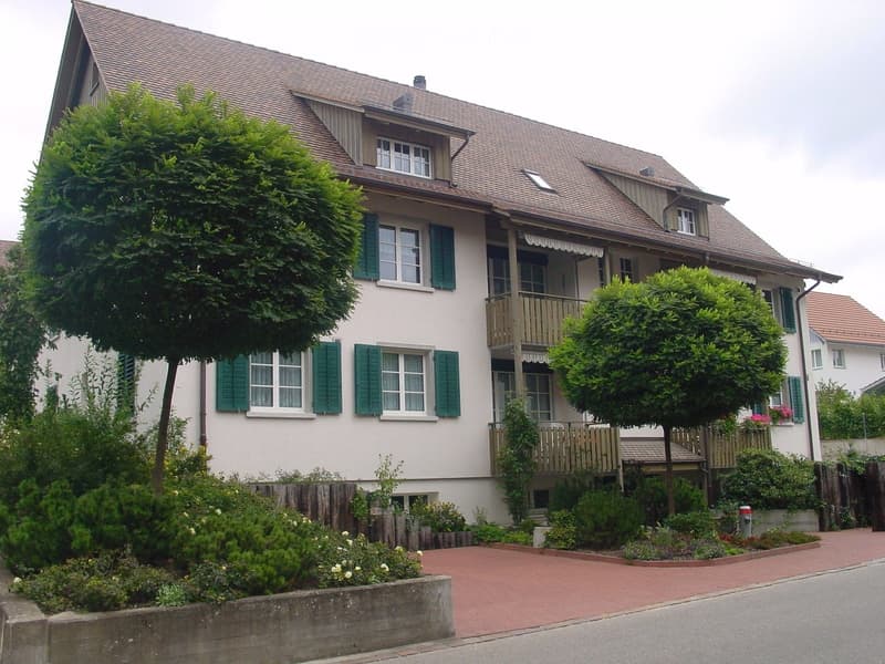 3 story house, brown roof, green shutters, balcony, garden, trees