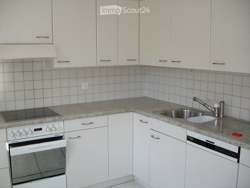 modern kitchen with white cabinets, granite countertops, stainless steel sink, electric stove, dishwasher, power outlet