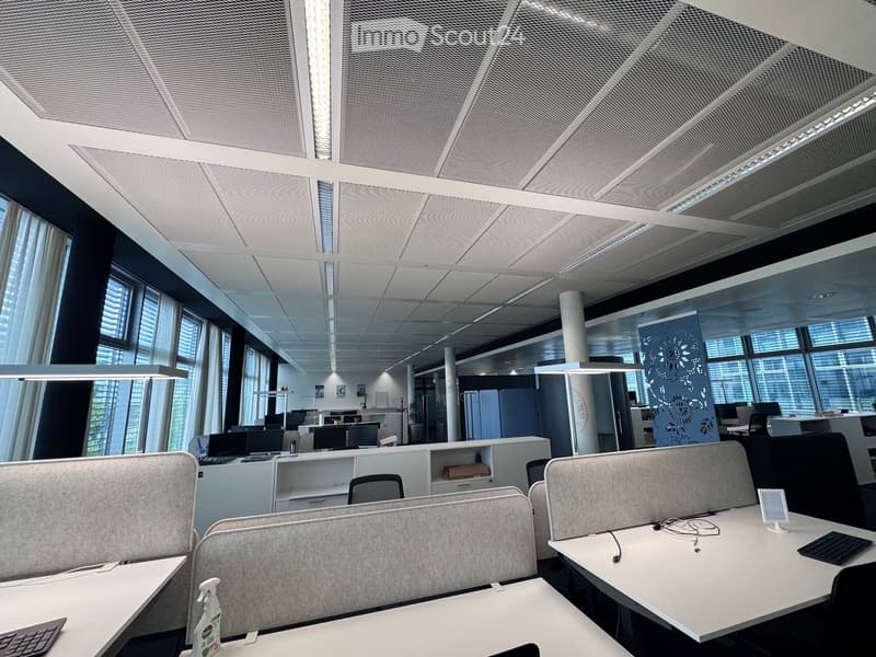 Modern office space with desks, chairs, laptops, keyboards, and screen dividers. Large windows with blinds and a high ceiling with recessed lighting.