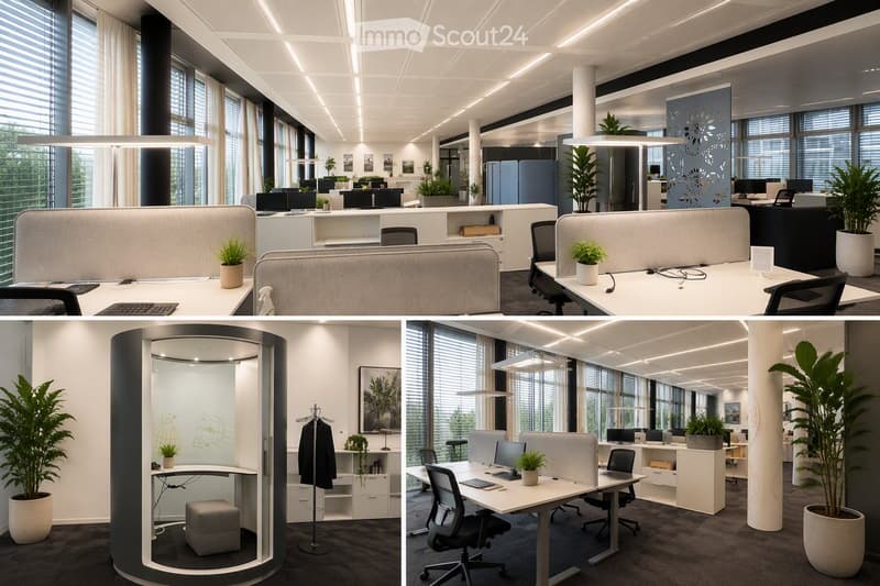 Modern office space with desks, chairs, computers, and plants. Features a glass-walled meeting room with a round table and a coat rack.