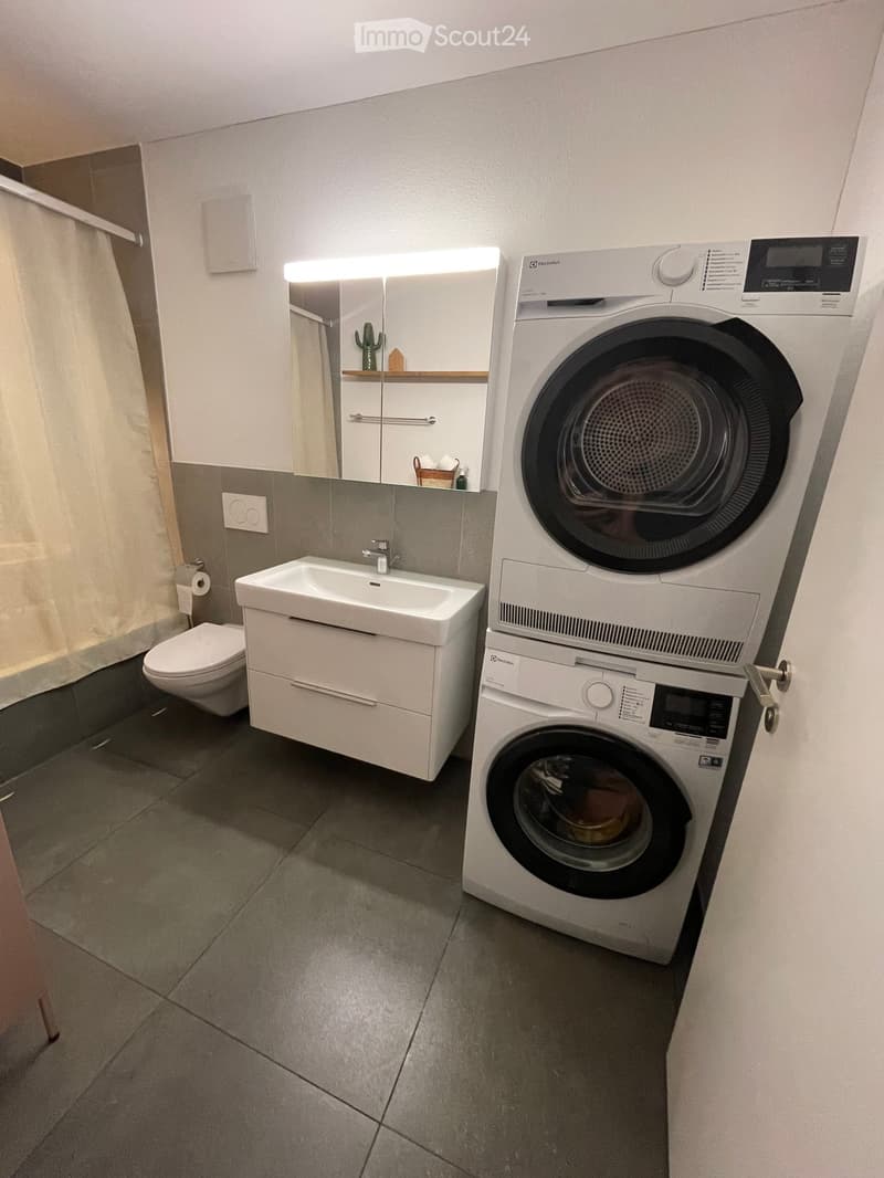 Modern bathroom with a sink, toilet, mirror, and stacked washing machine and dryer unit.