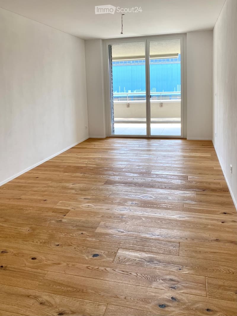 Empty room with light wooden flooring and white walls, featuring a large sliding glass door leading to a balcony.