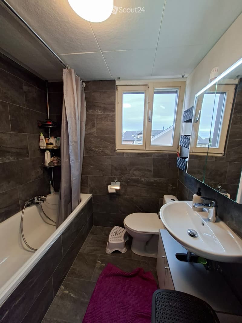 Modern bathroom with dark tiled walls and floor, featuring a bathtub, toilet, sink, mirror, and a small shelf with toiletries. A purple bath mat is placed on the floor.