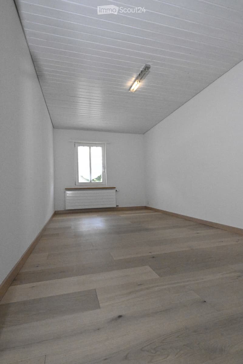 Empty room with wooden flooring, white walls, and a single window with a radiator below it. The ceiling has a built-in light fixture.
