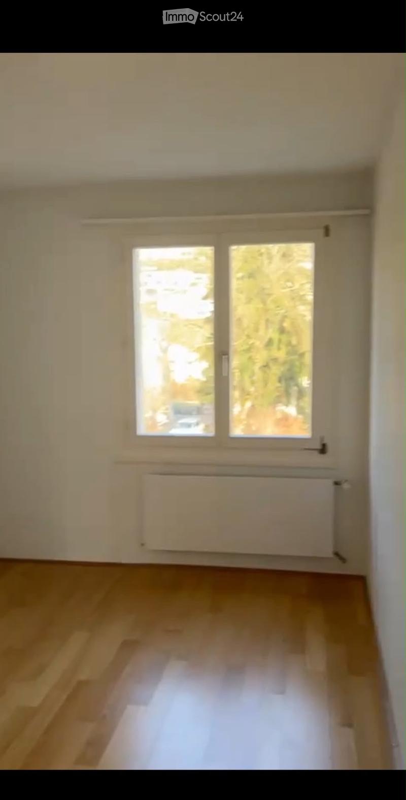 Empty room with light wooden flooring, white walls, and a large window with a view of greenery outside. A radiator is mounted below the window.