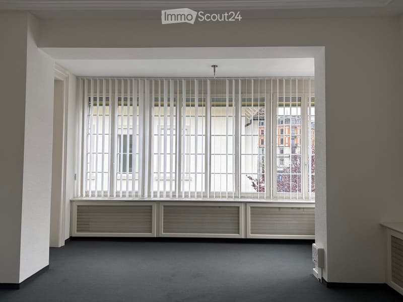 Empty room with grey carpeted floor, white walls, large window with white blinds, radiator below the window, and a visible electrical outlet on the wall.