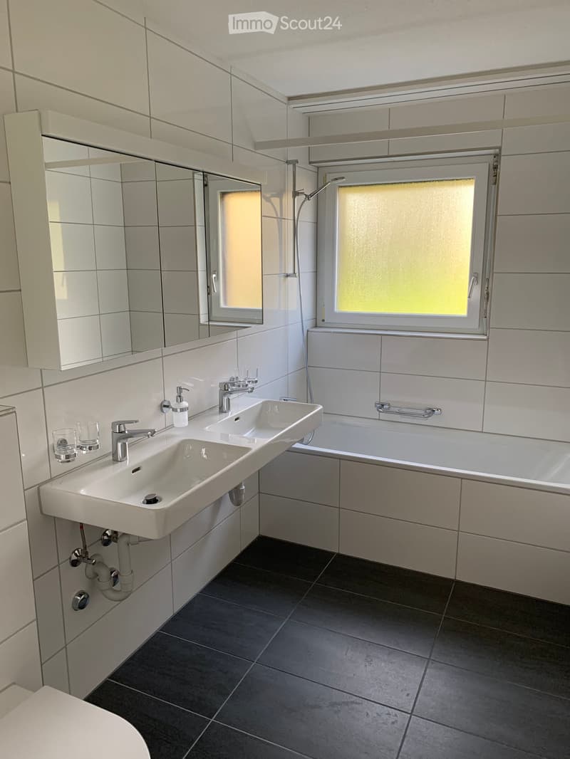 Modern bathroom with white tiles, double sink, bathtub, large mirror, and frosted windows.