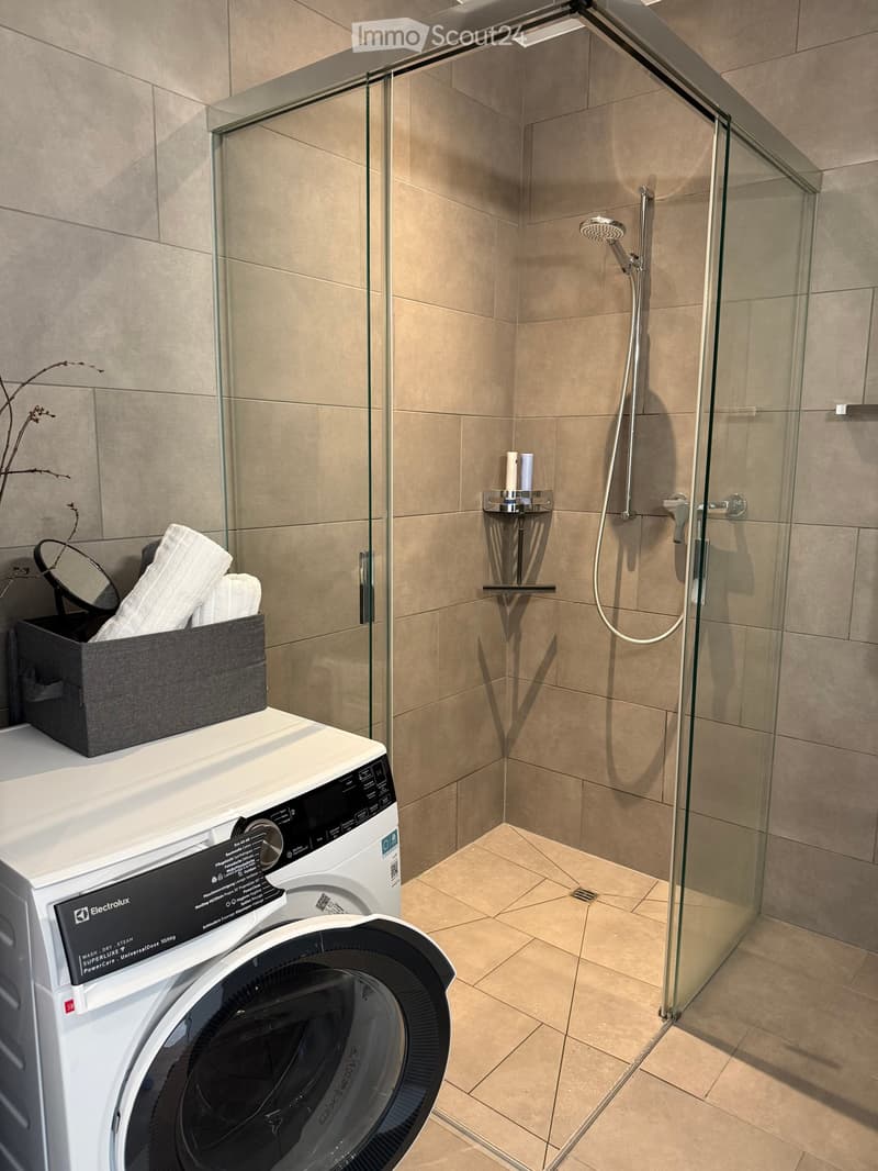 Modern bathroom with a glass-enclosed shower, a washing machine, towels, and a candle on a shelf.