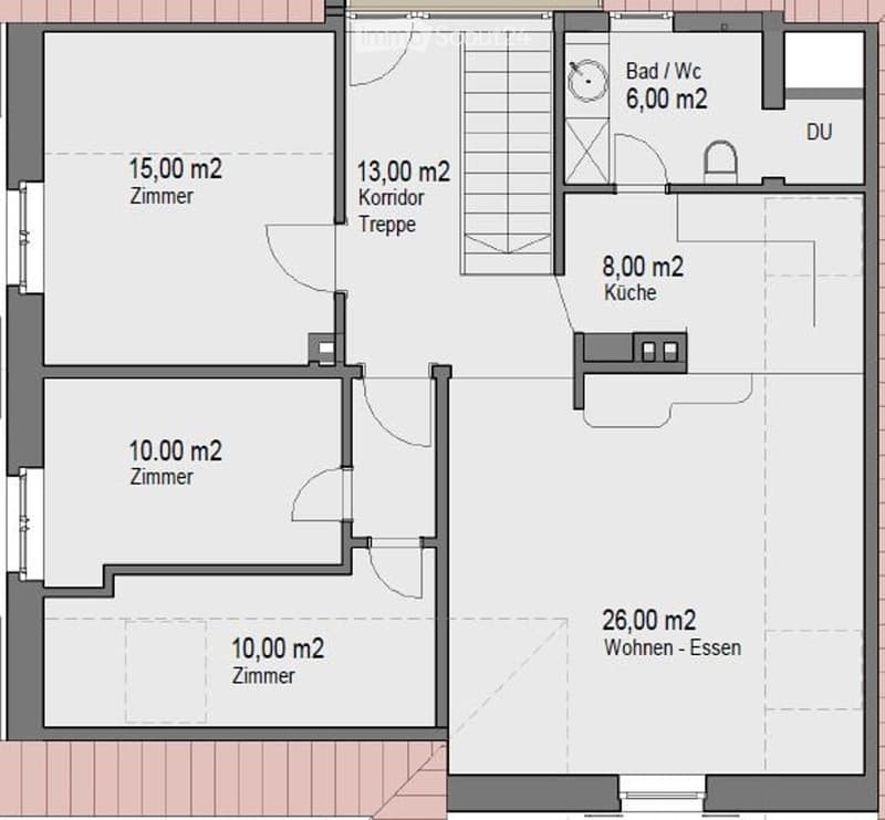 Floor plan showing a 4-room layout with a living-dining area, three bedrooms, a kitchen, a bathroom, and a hallway.