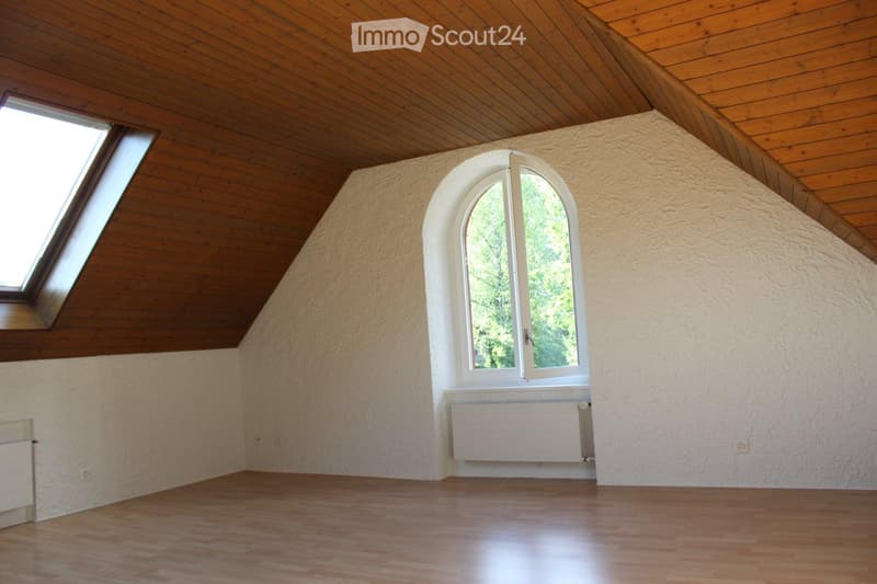 Empty attic room with wooden ceiling, wooden floor, and large windows, including a skylight and an arched window with a radiator below.