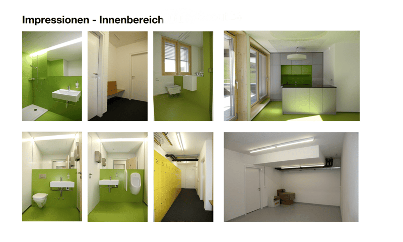 Collection of images showing various rooms with green accents, including bathrooms with showers, toilets, sinks, and urinals.