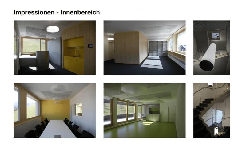 Different rooms with white, yellow, and green walls, large windows, lamps, tables, chairs, staircase, hallway