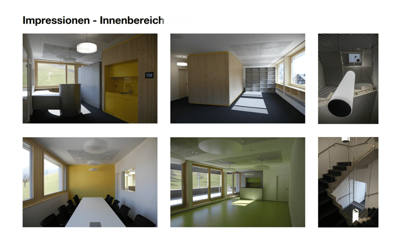 6 different interior views of a space with bright lighting, wooden fixtures, windows, green flooring in one section, and a staircase