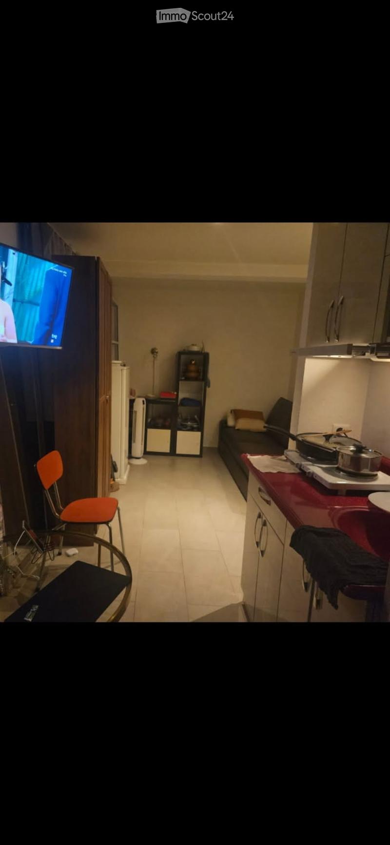 A compact, multi-functional room with a small kitchen area, a couch, a television, and a chair. The kitchen features a counter, sink, and cabinets, while the living area includes a couch and a television.