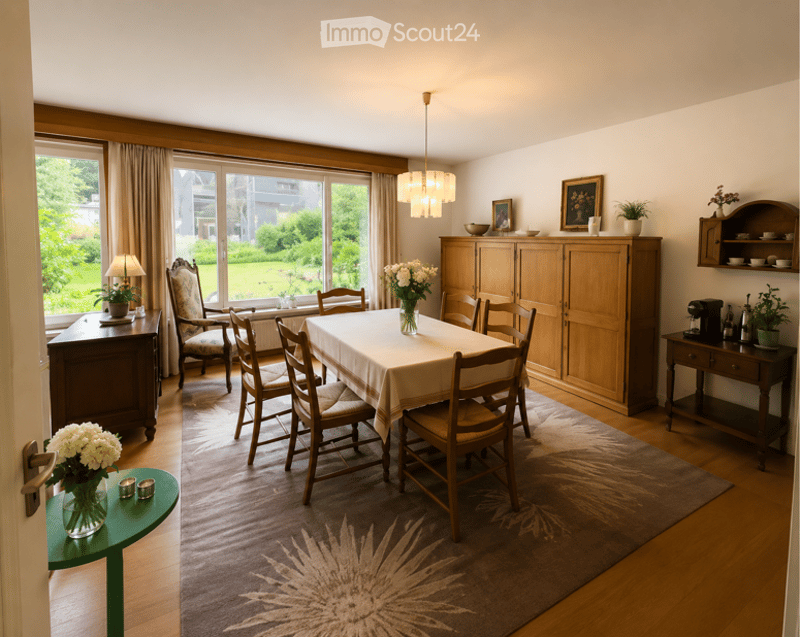 Dining room with wooden chairs, a dining table with a tablecloth, a sideboard, a lamp, and decorative vases.