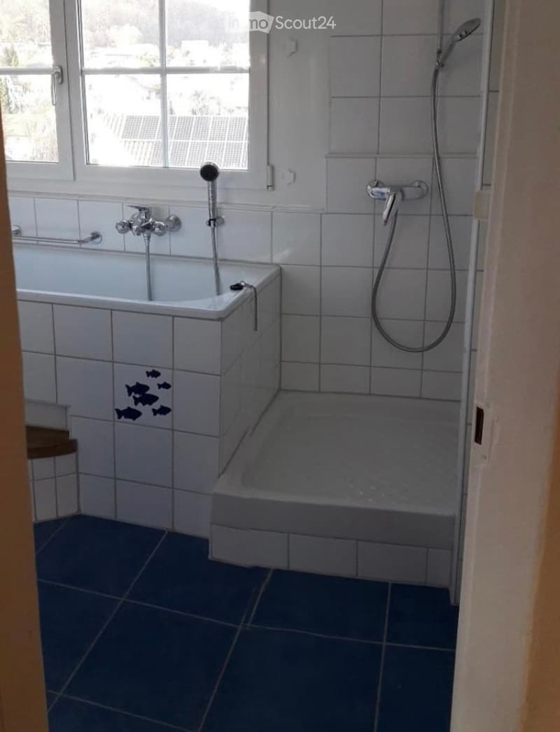Bathroom with a bathtub, shower, and tiled walls and floor. The bathtub has a decorative fish design on the tiles.